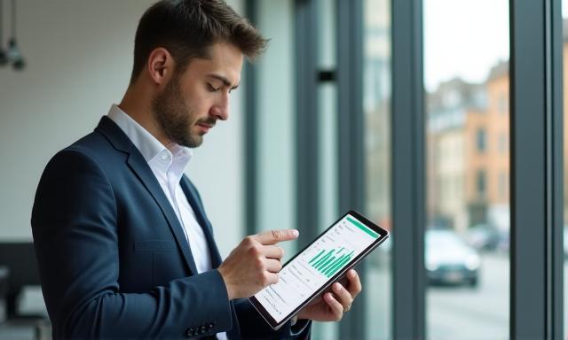 Small business owner reviewing data analytics on a tablet