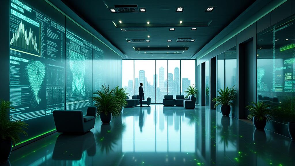 Futuristic data visualization dashboard projected in a modern corporate setting