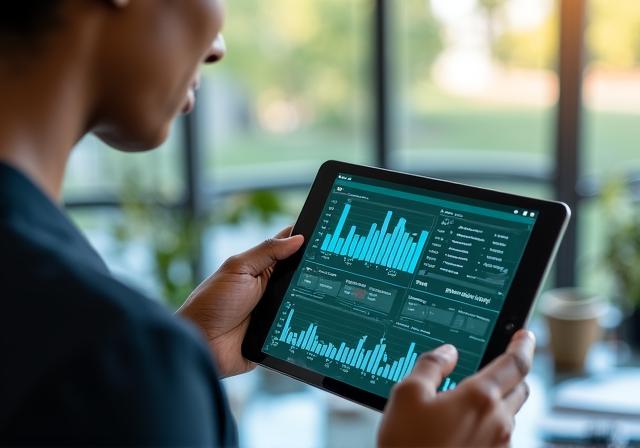 Business professional analyzing data trends on a tablet